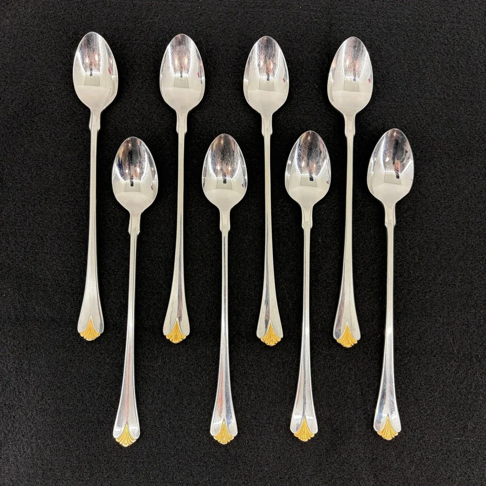 Set of 8 Yamazaki Cara Gold Accent Stainless Tall Beverage Spoons Flatware Japan